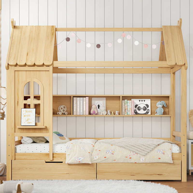 Lits simples avec tiroirs de rangement, Naturel , Lit simple 