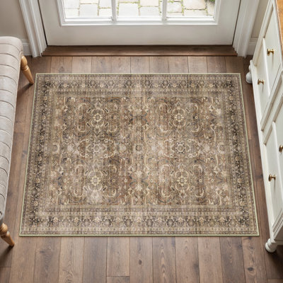 Amber Machine Washable Vintage Flora Area Rug with Non-Slip Backing