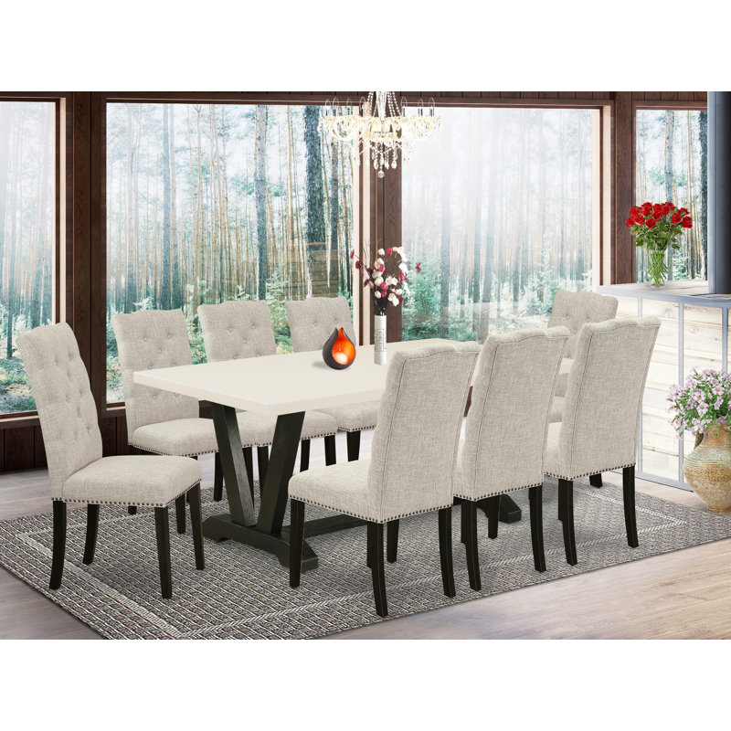 Ensemble de 9 pièces avec un magnifique dessus de table de salle à manger moderne en lin blanc et 8 chaises Parson avec têtes de clous et capitonnage à boutons, finition noire brossée