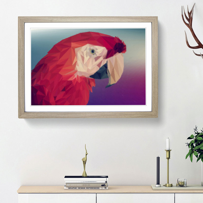 Geometric Scarlet Macaw Parrot in Abstract - Framed Print, Oak Framed, 48cm H x 65cm W x 2cm D