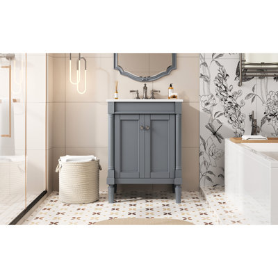 24 - Inch Bathroom Vanity, , Solid Wood Frame, Soft Closing Hinges, Ample Space Modern Glossy Ceramic Basin, Storage Space, Exquisite Metal Handles