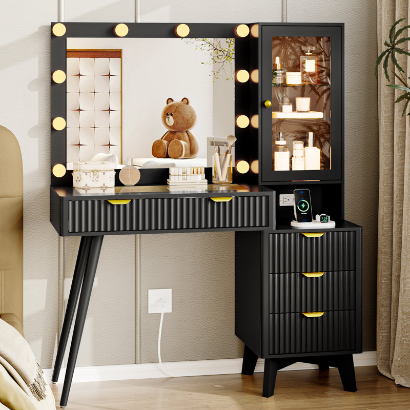 Bureau de coiffeuse cannelé avec miroir DEL, 5 tiroirs et armoire en verre RVB  , Noir