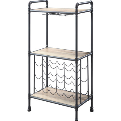 Antique Oak And Sandy Grey Wine Rack - Industrial Inspired, Holds 18 Bottles Stemware & Shelf Design, Bottle Capacity