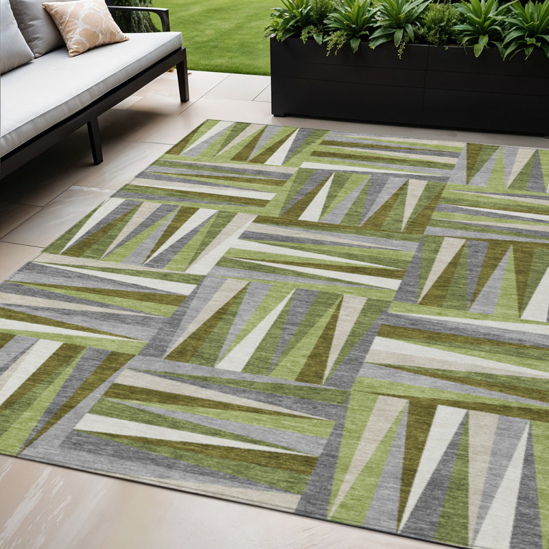 Tapis extérieur lavable géométrique 5 pi x 8 pi vert et gris ivoire