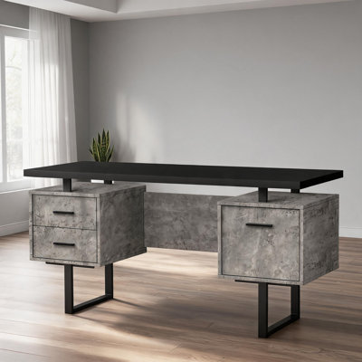 Bureau d'ordinateur contemporain en U avec tiroirs de rangement réversibles, 60 po, stratifié de béton noir et métal