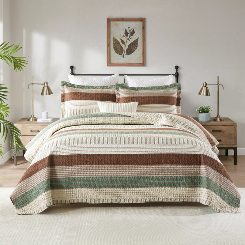 Ensemble de courtepointe 100% coton DUHOONG, Courtepointe pour lit grand + deux taies décorati, Brun / Beige / Vert
