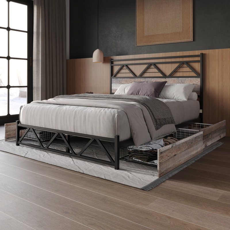Full Metal Platform Bed With Storage In Natural Oak, Natural Oak, Full