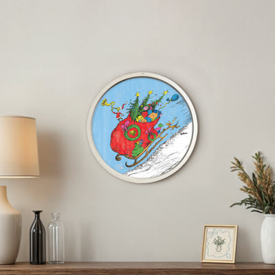 The Grinch Sled Round Brown Framed Print
