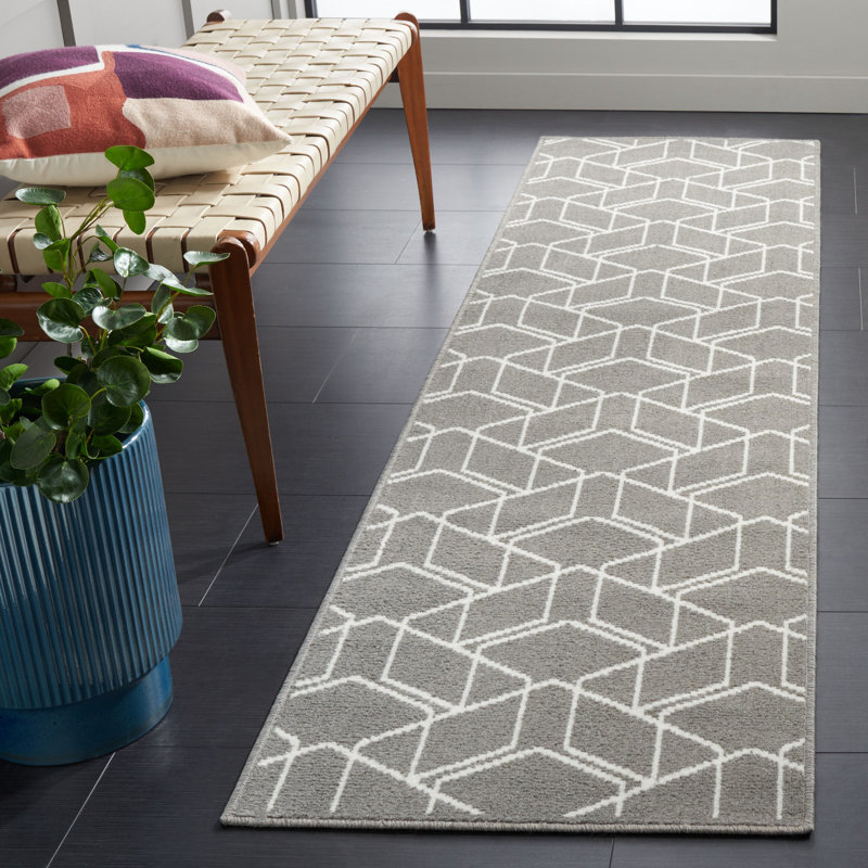 Tapis gris / ivoire en polypropylène tissé à la machine Cotita, Tapis de couloir 2 pi 2 po x 8 pi