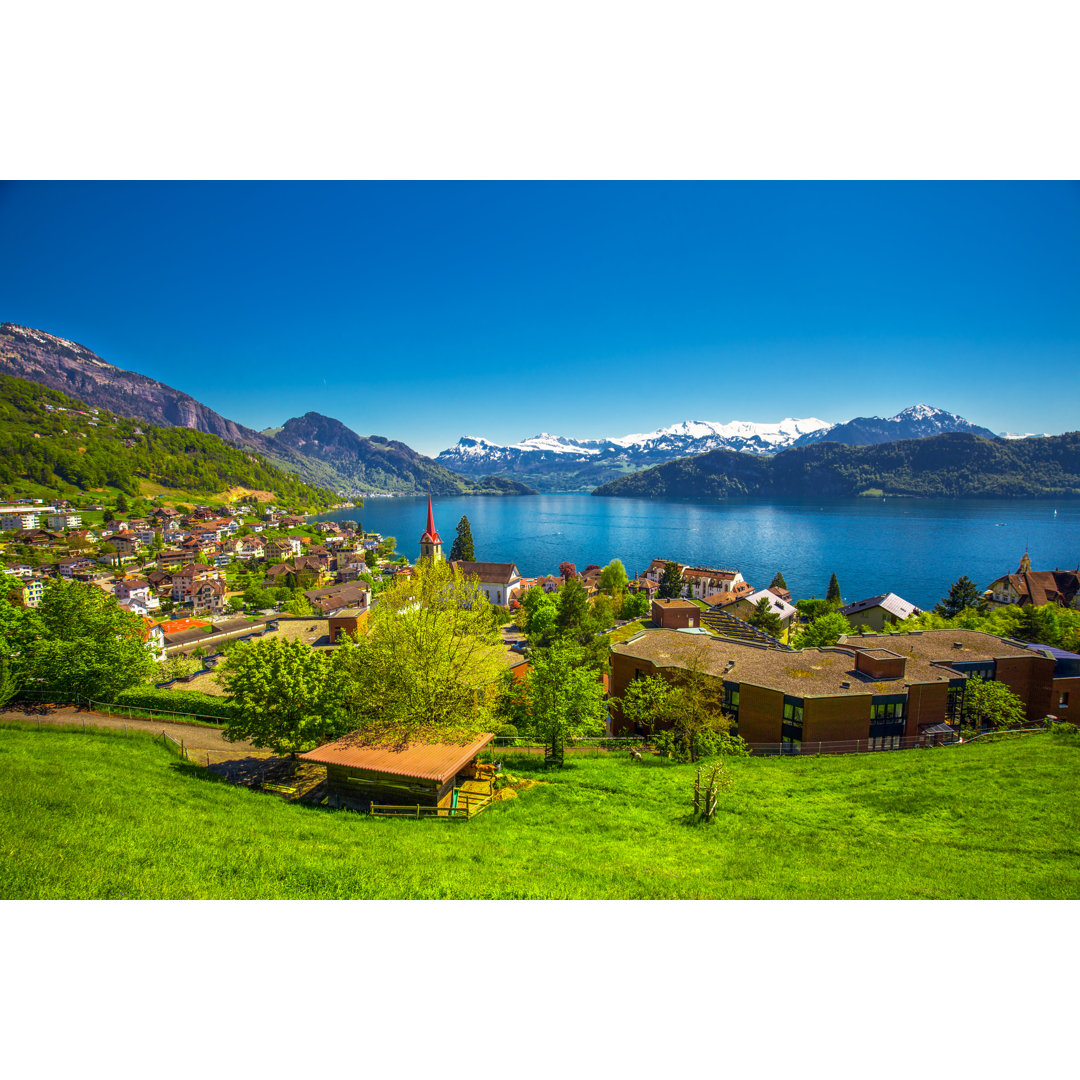 Leinwandbild Village Weggis, Lake Lucerne and Pilatus Mountain From Weggis