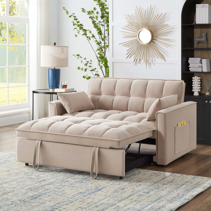 Tufted Pull-Out Sofa Bed with Adjustable Backrest and Pillows, Convertible Loveseat for Comfort and Versatility, Taupe
