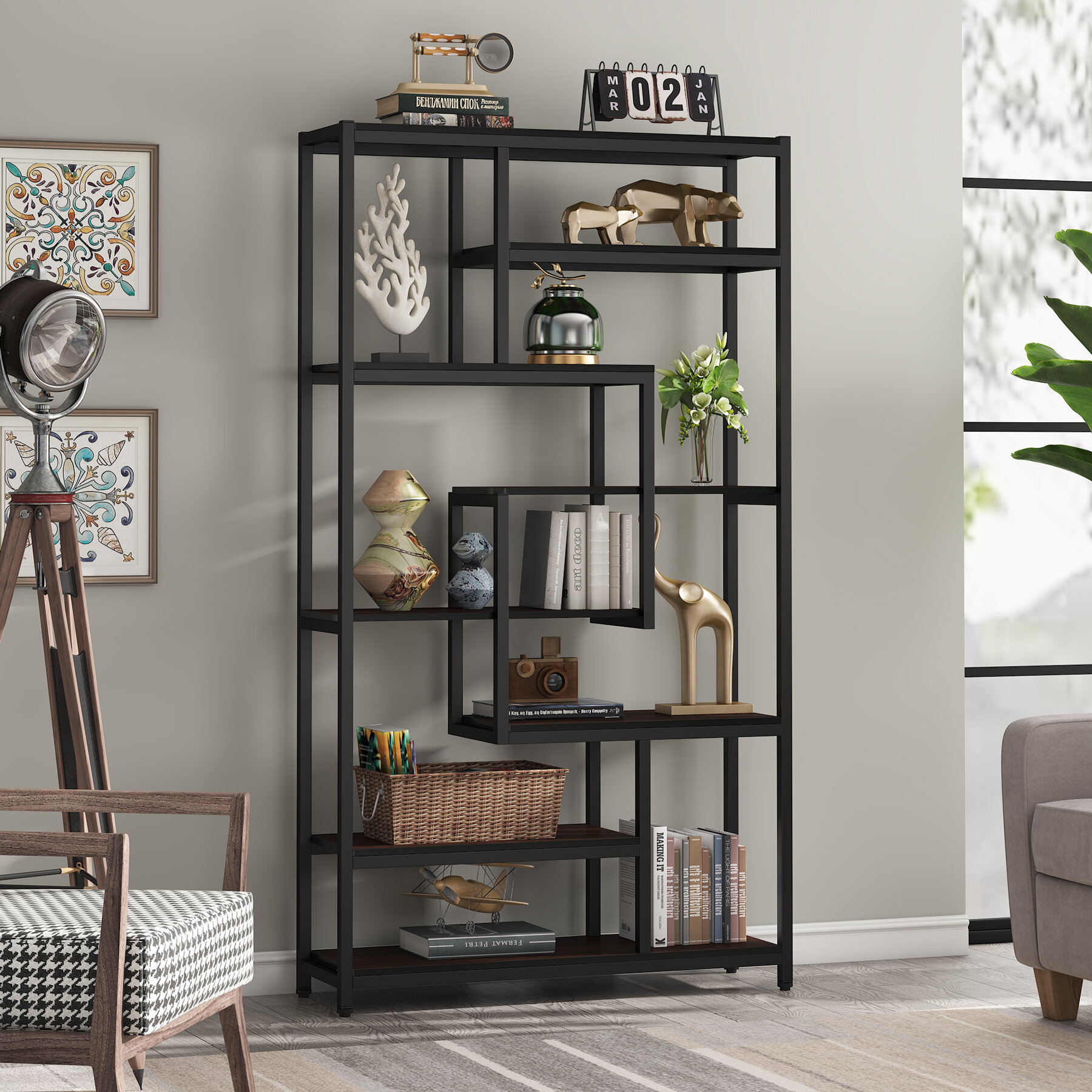 Latitude Run® 8-Shelves Staggered Bookshelf, Rustic Industrial Etagere ...