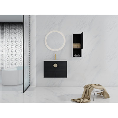 Bathroom Vanity With Ceramic Sink & Side Cabinet - Soft Close Doors Unit Black Chestnut Design