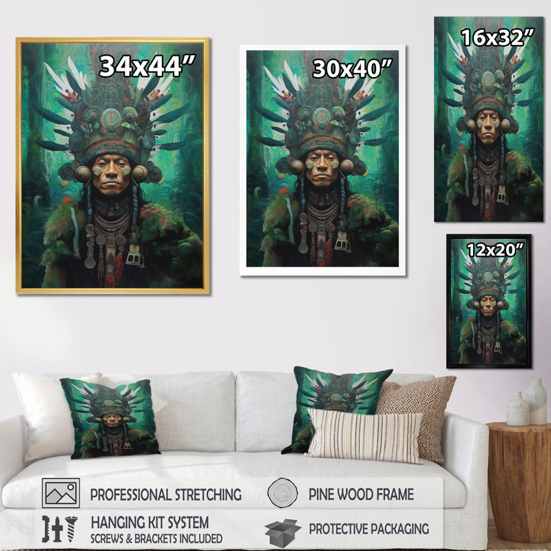 Indigène chaman Amazon Feather coiffe sur toile, H 32 po x l 24 po x P 1 po, Cadre flottant noir