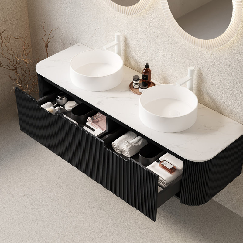 Meuble-lavabo de salle de bain mural avec tiroirs, pré-assemblé, Noir, 60"