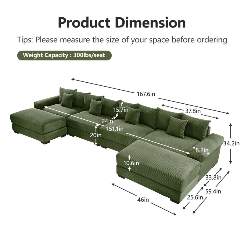 Canapé modulaire surdimensionné en U, Velours côtelé vert
