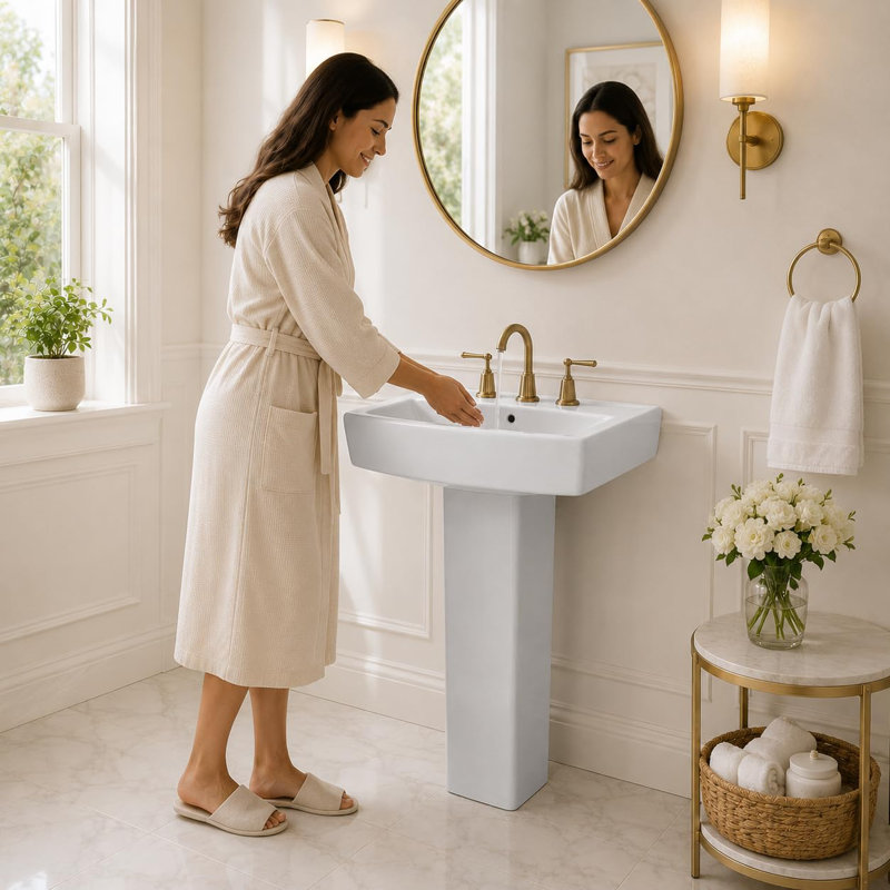 Lavabo carré sur pied en céramique blanche, 10 cm (4 po), 3 trous, style vintage classique