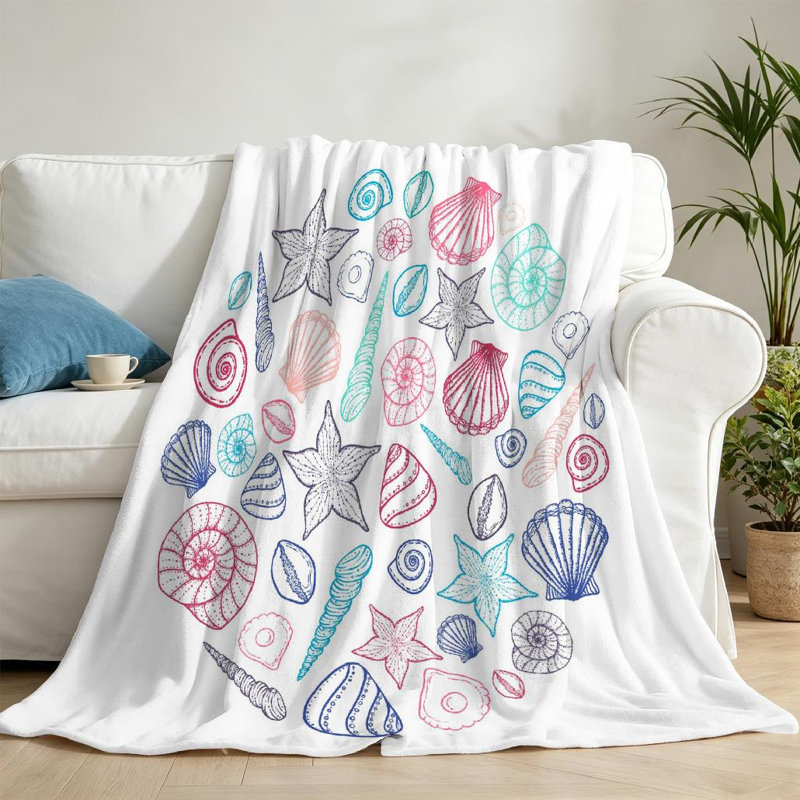 Jeté transparent en flanelle molletonnée, imprimé coquille de mer, étoile de mer, Throw 50" x 60"