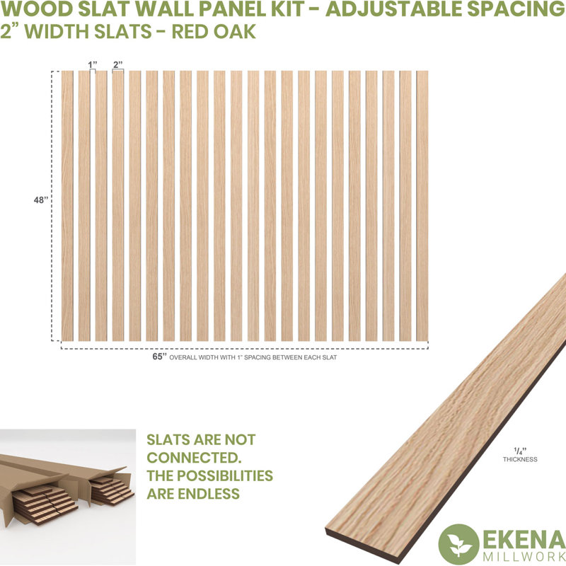 Adjustable Wood Slat Wall Panel Kit, 4"W x 94"H x 0.25"T, Red Oak
