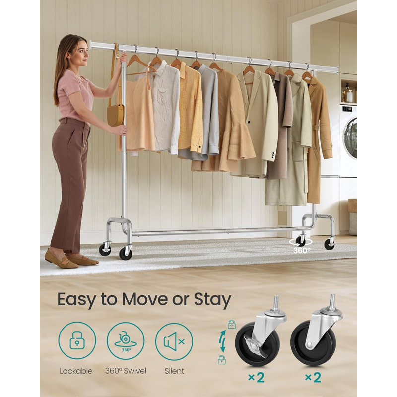 Clothes Rack On Wheels, Heavy-Duty Clothes Rail, Silver