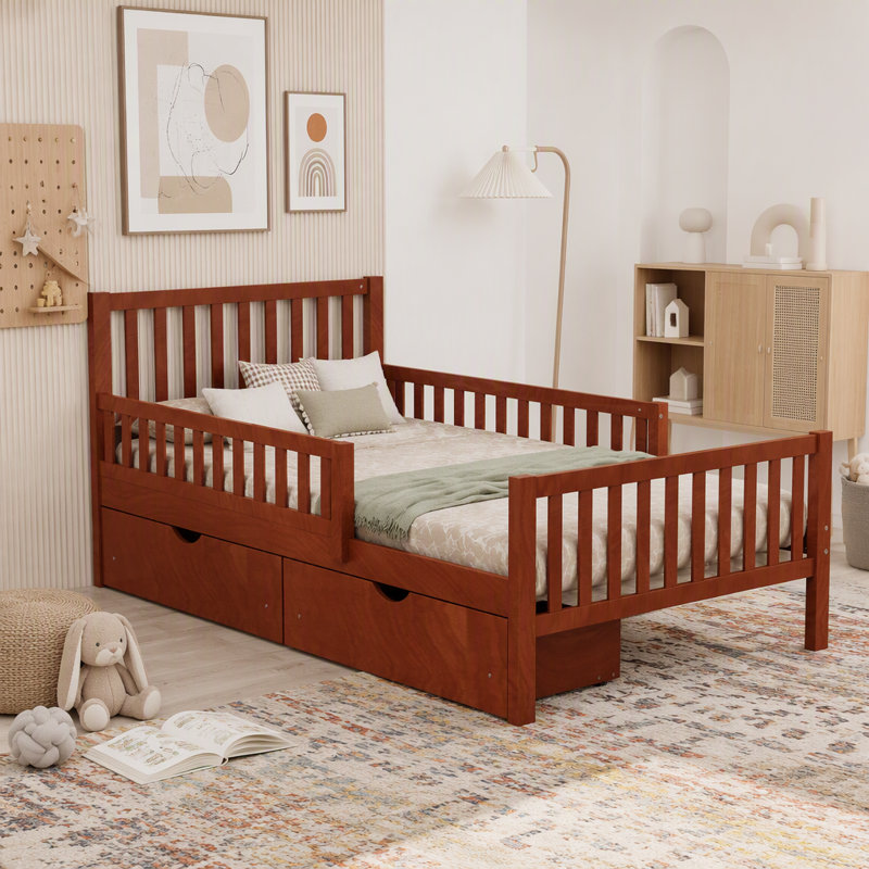 Lit plateforme simple en bois avec garde-corps des deux côtés et deux tiroirs de rangement, Lit simple, Noyer
