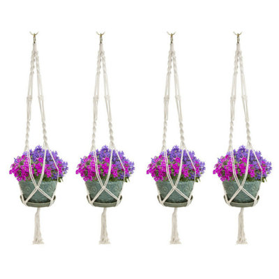 Set Of 4 Gardening Hanging Plant Cotton Rope Hand Woven Plant Hanger Flowerpot Planter Hanger With Tassel Home Garden Decor, 41", Beige