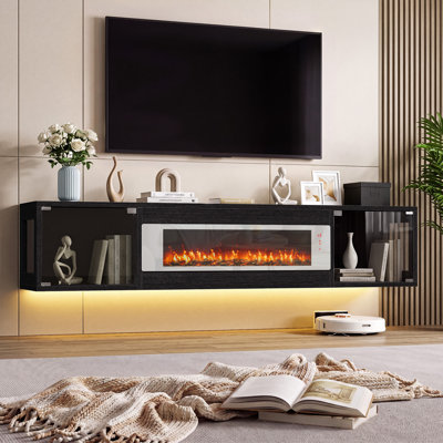 70" Floating TV Stand with 36" Decorative Fireplace(No Heat), Wall Mounted Fireplace Entertainment Center with 2 Glass Storage Cabinets, for TVs Up to 80", Media TV Console for Living Room