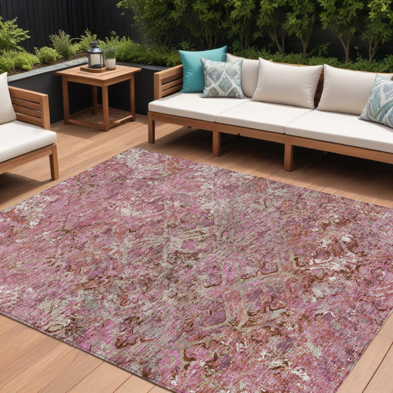 Tapis intérieur / extérieur lavable 9 pi x 12 pi rose à motif géométrique rosé et mauve