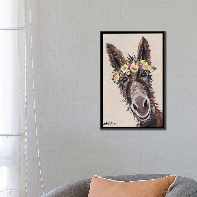 «Donkey with Flower Crown», impression sur toile, Toile avec cadre noir, H 48 po x l 32 po x P 1,5 po