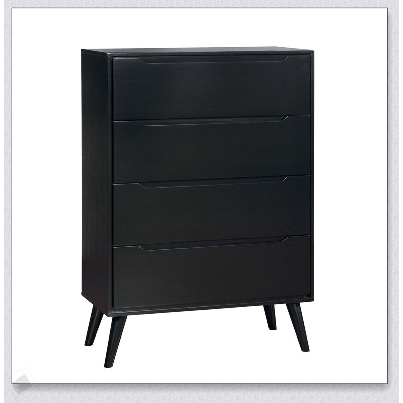 Commode 4 tiroirs Mid-Century moderne noire avec poignées encastrées et pieds ronds effilés, parfaite pour le rangement contemporain
