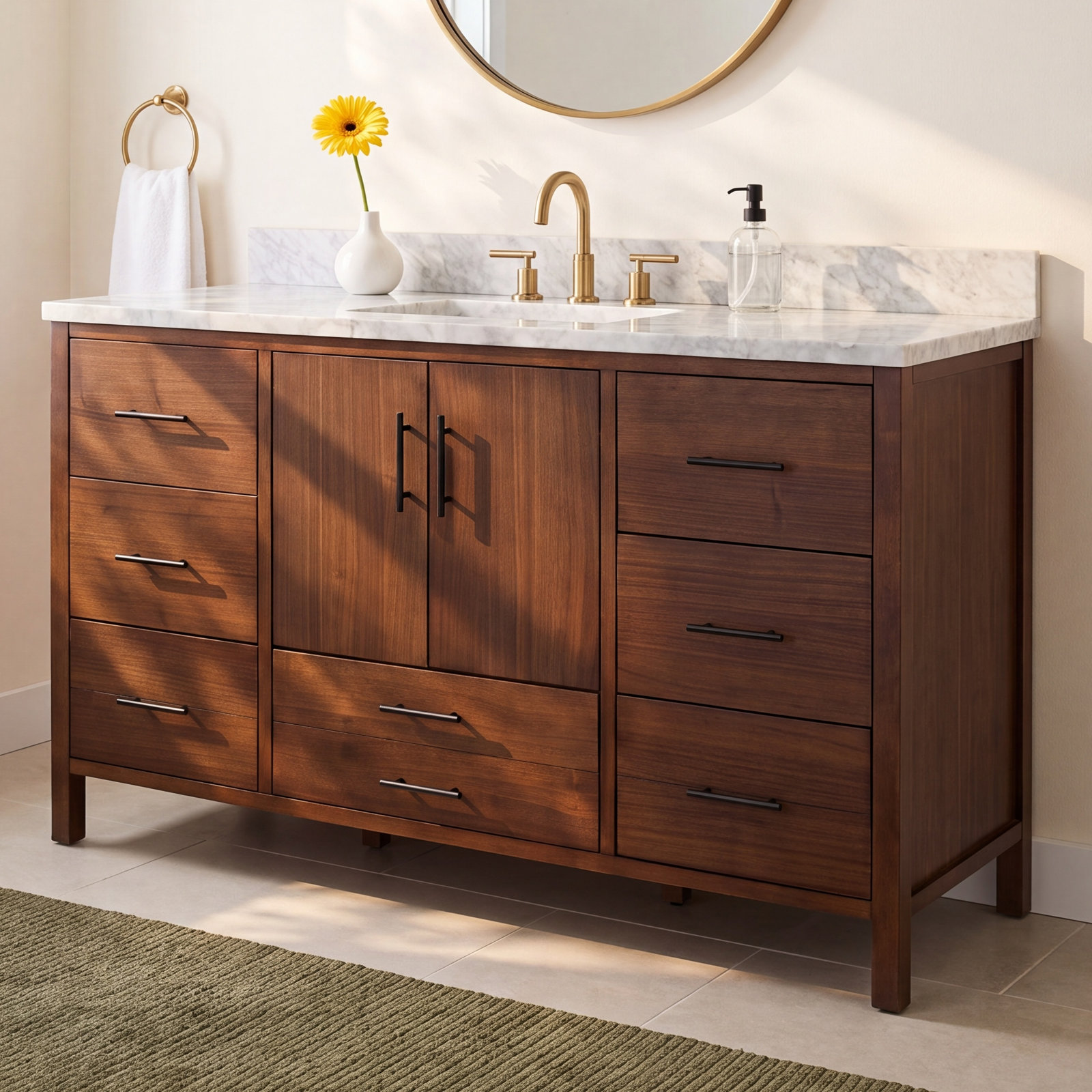 Kiara 60" Carrara Marble Single Bathroom Vanity, Walnut Veneer, Carrara Marble
