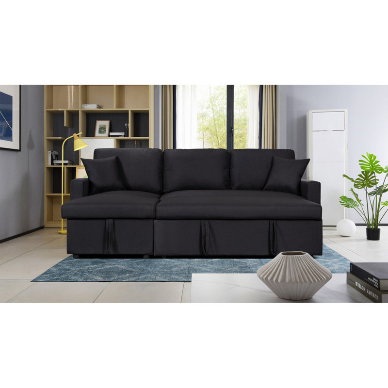 Canapé-lit modulaire réversible en tissu de lin noir 82 po avec méridienne de rangement