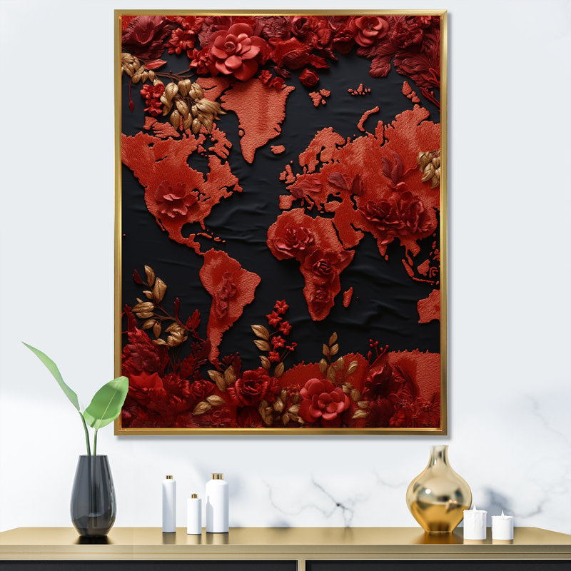 «Nomads Scarlet Red Map» sur toile, Cadre flottant doré, H 32 po x l 16 po x P 1 po