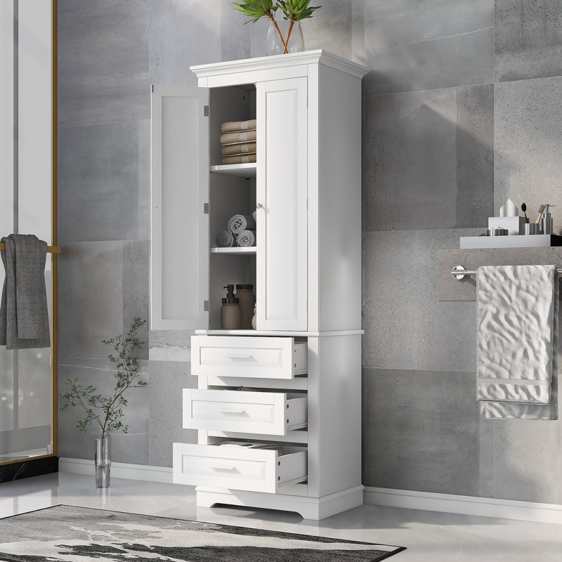 Tall Storage Cabinet With Three Drawers For Bathroom Office, White