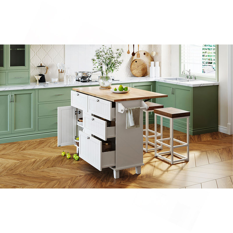Farmhouse Kitchen Island Set with Drop Leaf and 2 Seatings,Dining Table Set with Storage Cabinet, Drawers and Towel Rack