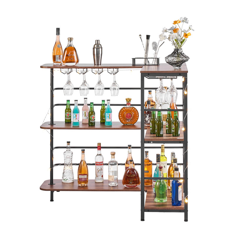 Unité de bar en L avec rangement à 3 niveaux et support à vin brun