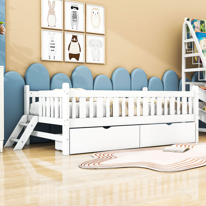 Lit plateforme simple en bois avec 2 tiroirs de rangement et garde-corps de sécurité, Blanc