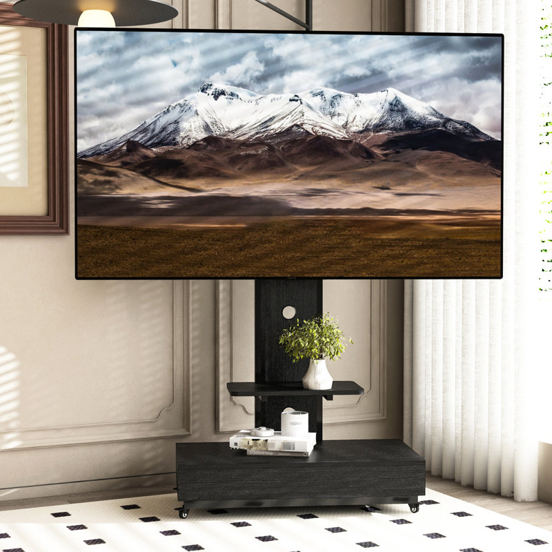 Meuble télé pour téléviseurs de 32 à 75 pouces, chariot mobile noir avec tiroir coulissant et roulettes verrouillables, tablette réglable de 30 pouces (gauche/droite) pour salon, chambre ou bureau, + réglage vertical en métal de 10 pouces