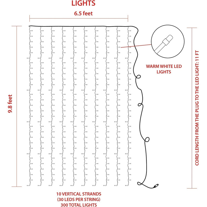 Bagnall ProductWorks Indoor/Outdoor 300 LED-Micro String Light Curtain with 8-Function Controller, Warm White, 6.5ft x 10ft