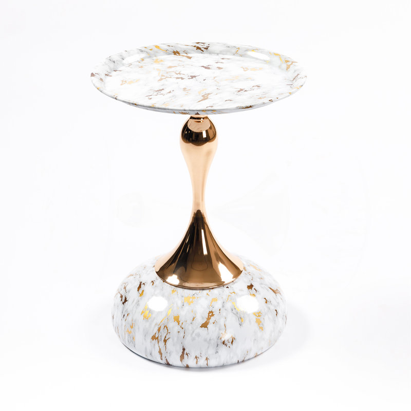 Small Round Side Table For Small Space, White, White/Gold