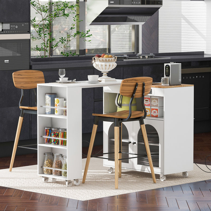 White Kitchen Island With Power Outlets, Open Shelves, Versatile Use Modern 3 Shelves - Extended Tabletop, Led Lights, Fluted Glass Door, Storage Cabinet,