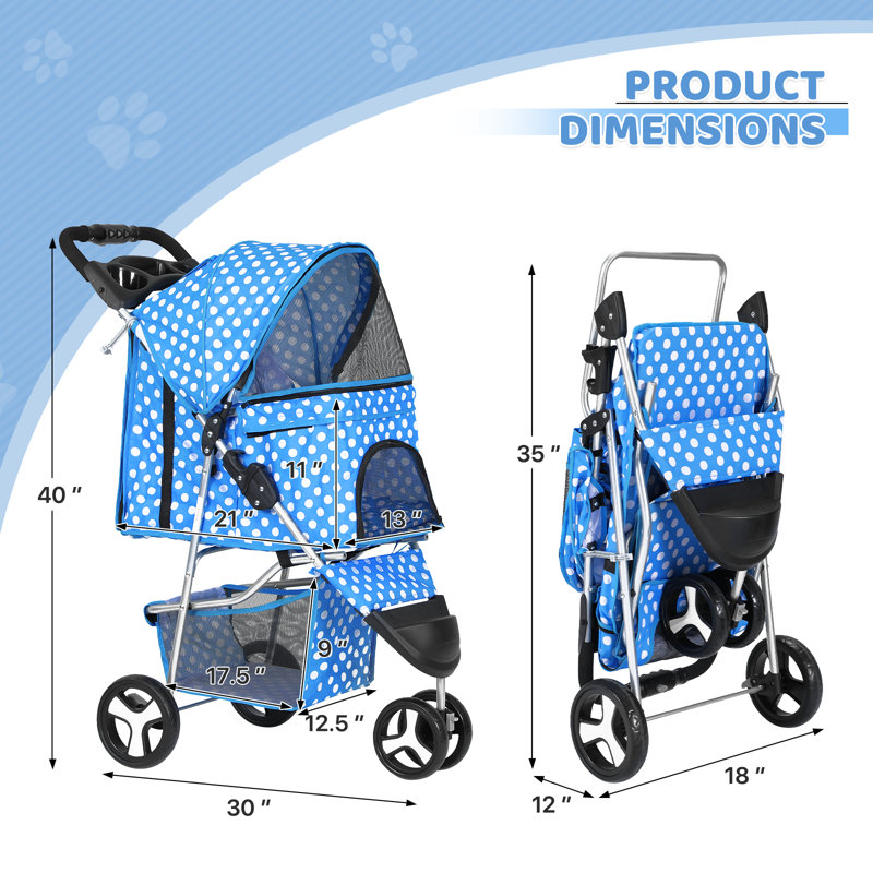 Sky Blue Polka Dot Foldable Pet Stroller with Storage