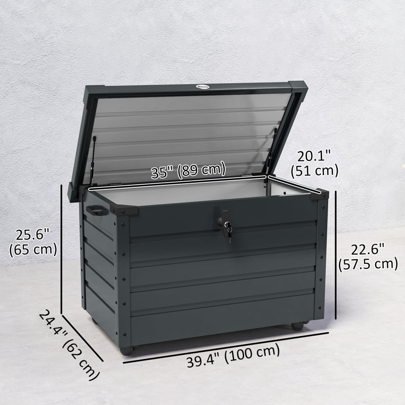 Boîte de rangement de jardin, coffre de terrasse avec verrou pour outils, coussins gris, H 25,6 po x l 39,4 po x P 24,4 po