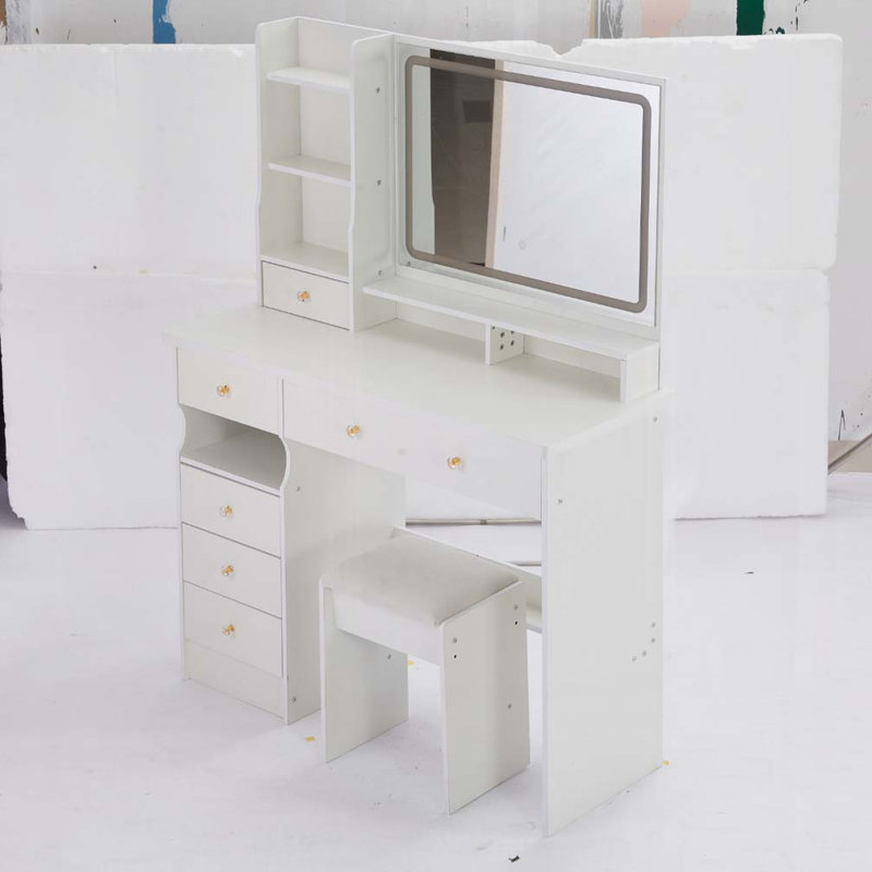 Bureau de maquillage avec miroir, lumières DEL, tiroir et tabouret, Blanc