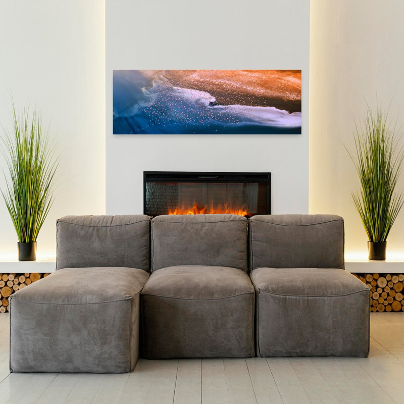Pink Flamingos Desert Lake Abstract Colorful Modern Bird Flamingo Landscape Nature Wall Art, 40.64 cm H x 121.92 cm W