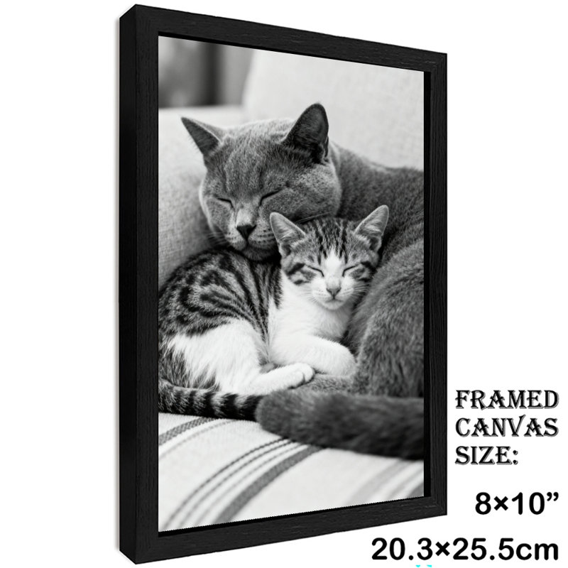 Reproduction d'art encadré noir avec chats rétro blottis ensemble dans une ambiance chaleureuse, H 11 po x l 9 po