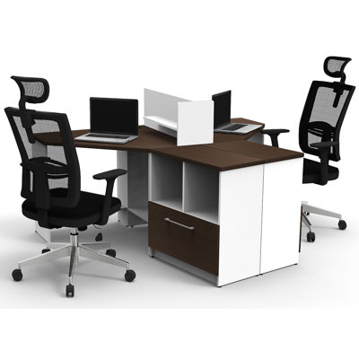 Bureau en coin, travail d'équipe, bureau de collaboration, modèle 5DE3842803A24811ADB43CDB49F034BD, groupe de 5 pièces blanc contemporain / couleur espresso. Sièges non inclus