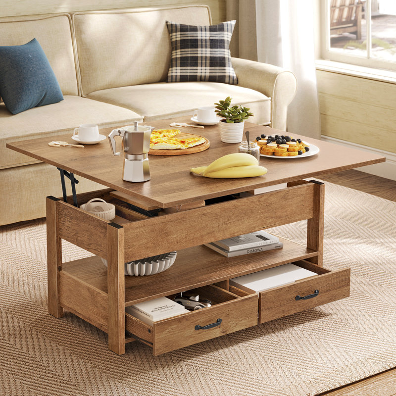 Table basse à plateau relevable de 39,4 po avec rangement caché et tiroirs, Brun