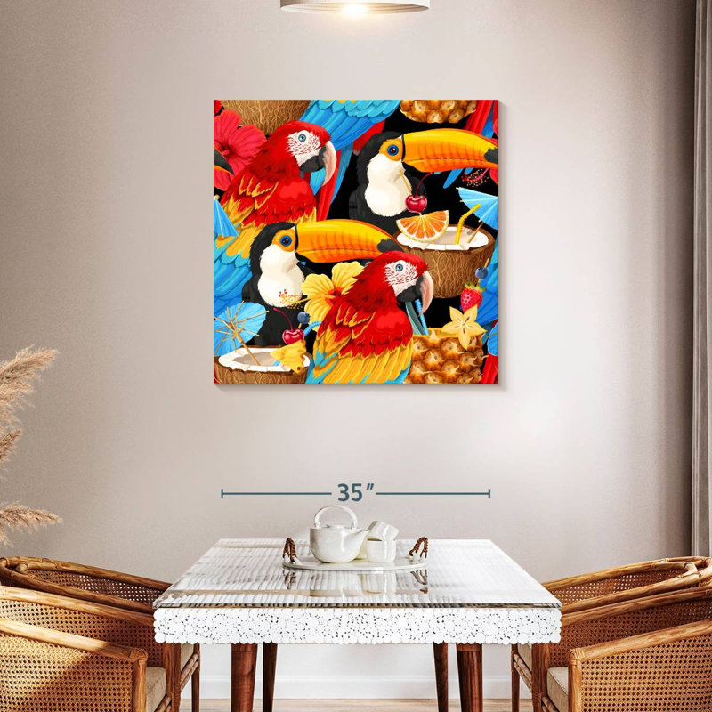 Crowle, cocktails tropicaux et oiseaux, H 36 po x l 36 po