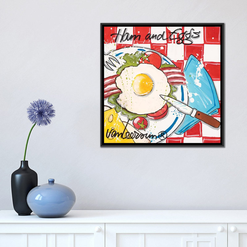« ham & œufs », reproduction d’impression sur toile, H 18 po x l 18 po x P 1,5 po, Toile avec cadre noir, Pas de tapis